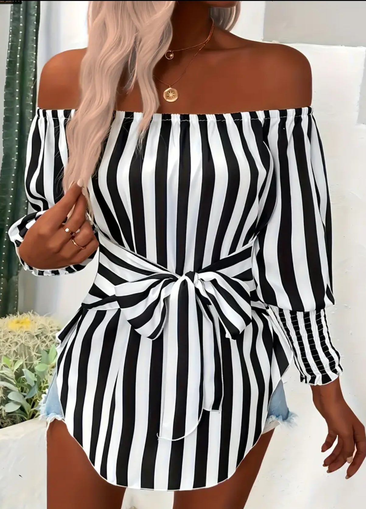 Striped Print Off Shoulder, Elegant Tie Front Blouse