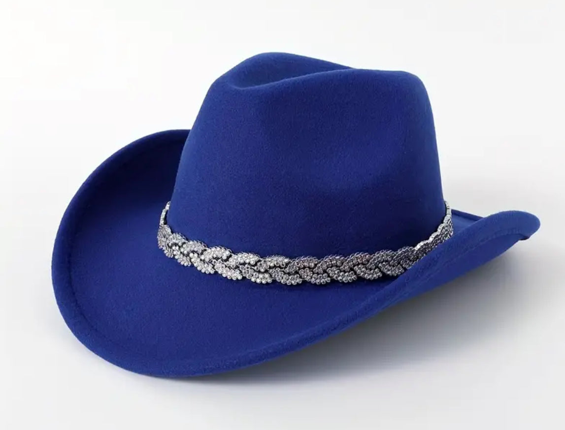 Sombrero de vaquero de fieltro de moda para mujer con banda de diamantes de imitación plateados y detalle de cuentas