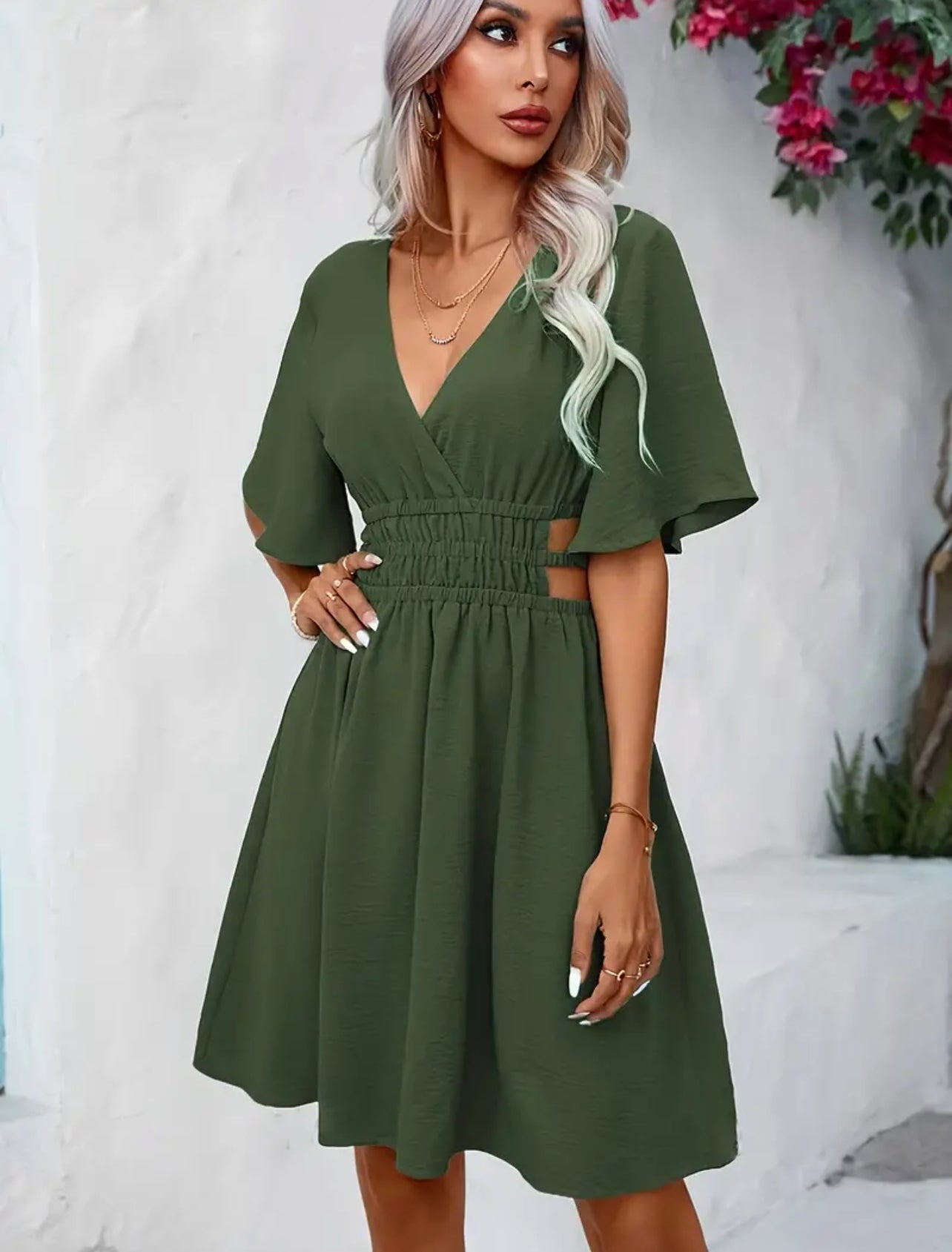 “Jade” Plunging Neck Cut Out, Flare Sleeve Dress