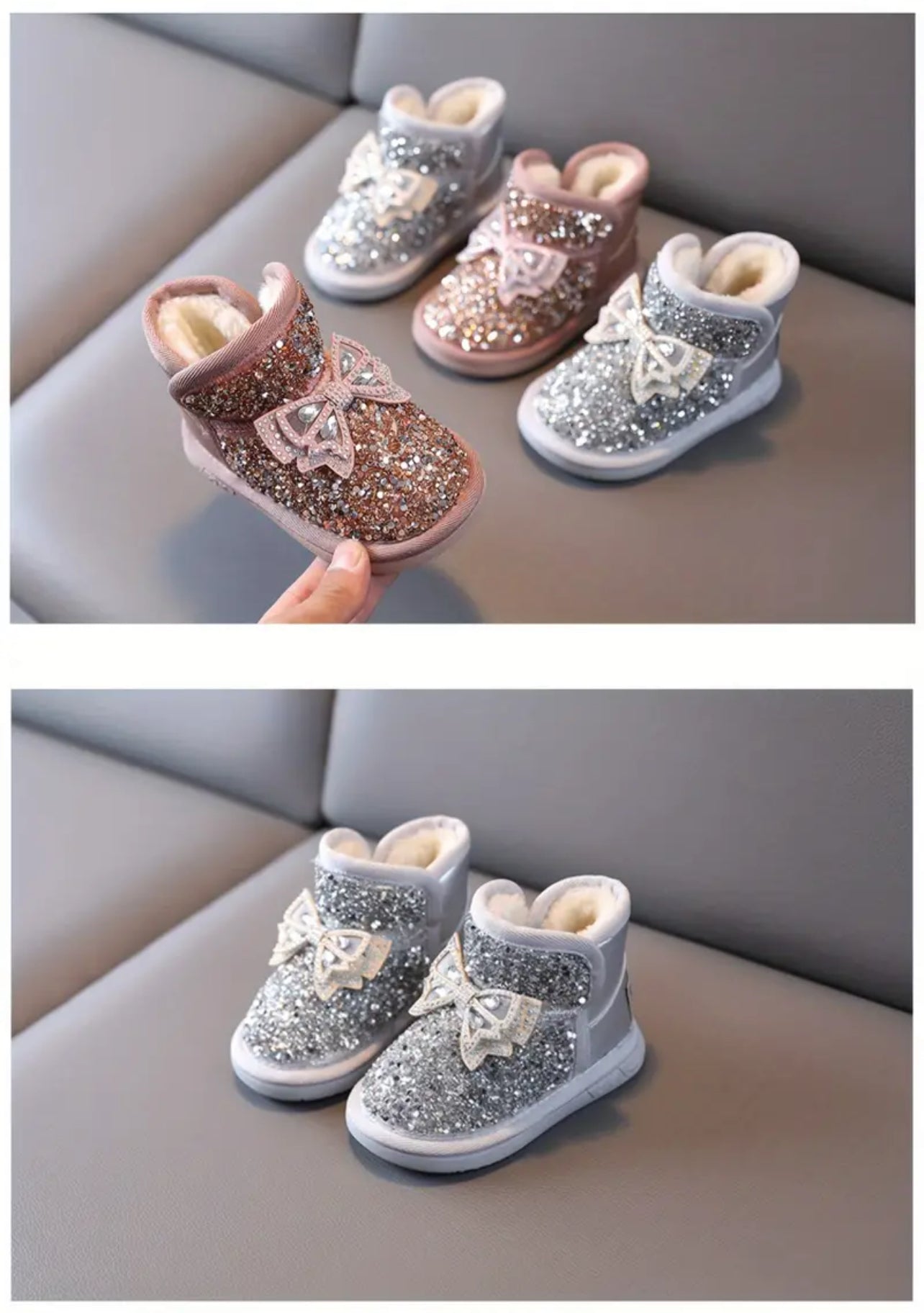 Girls Glitter Bowknot Sequin, Snow Fleece Boots