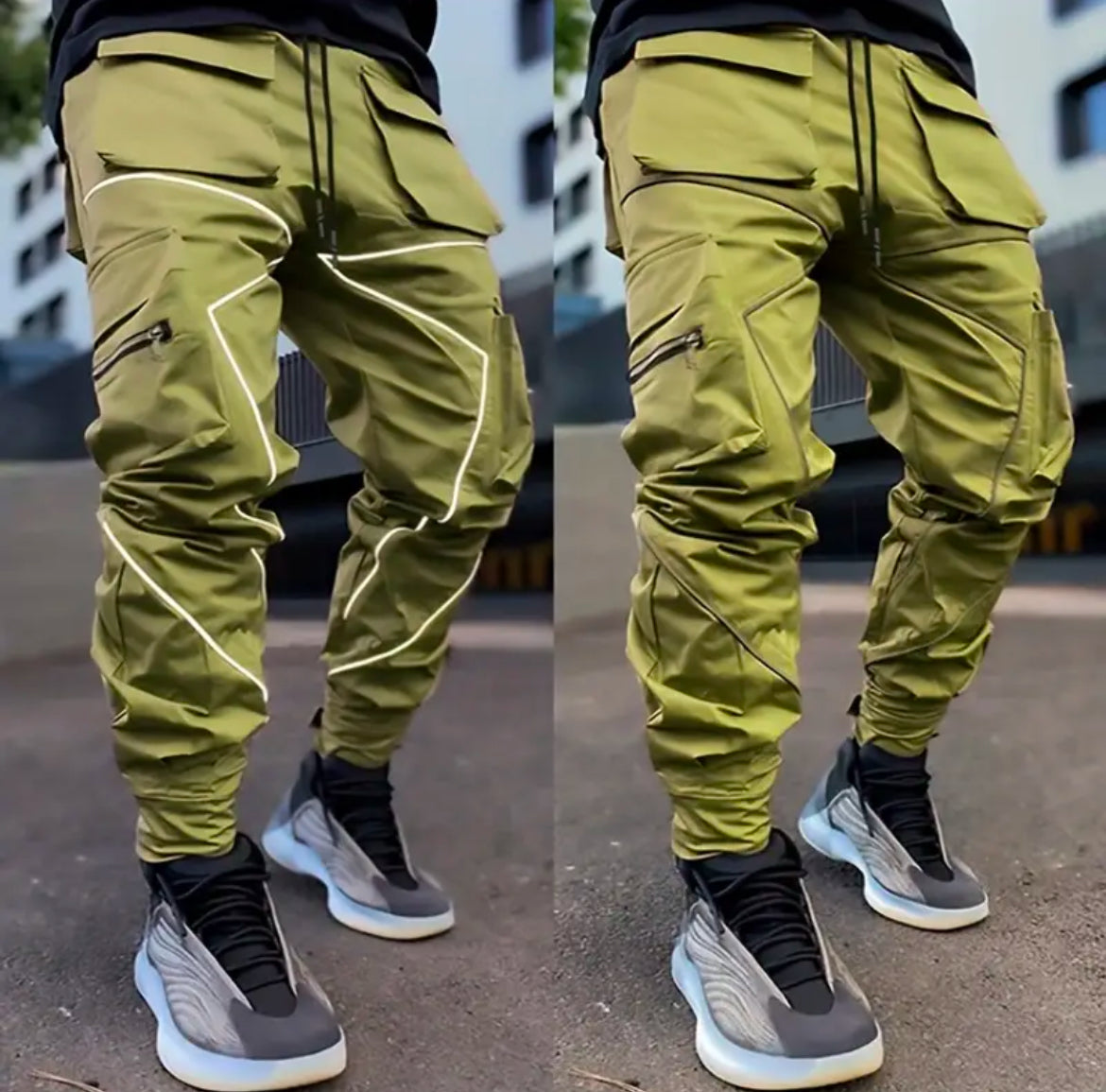 Men's Cargo Pants - Loose Straight Sports Joggers with Multi Pockets & Reflective Details