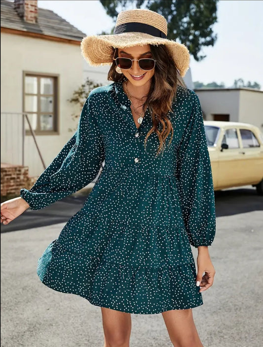 Polka Dot V Neck, Casual Button Front Ruffle Trim Lantern Sleeve Dress