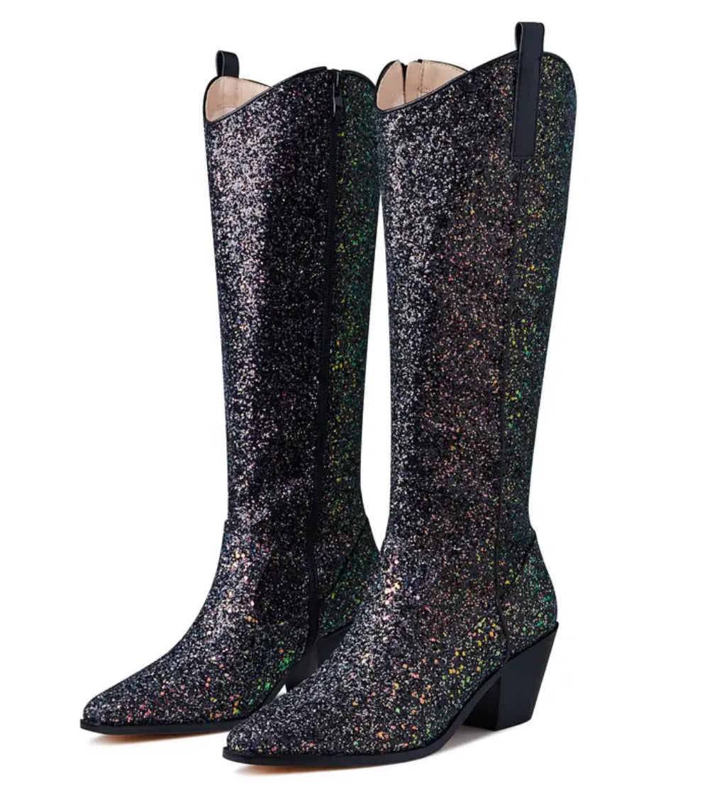 Orders black sparkly knee high boots