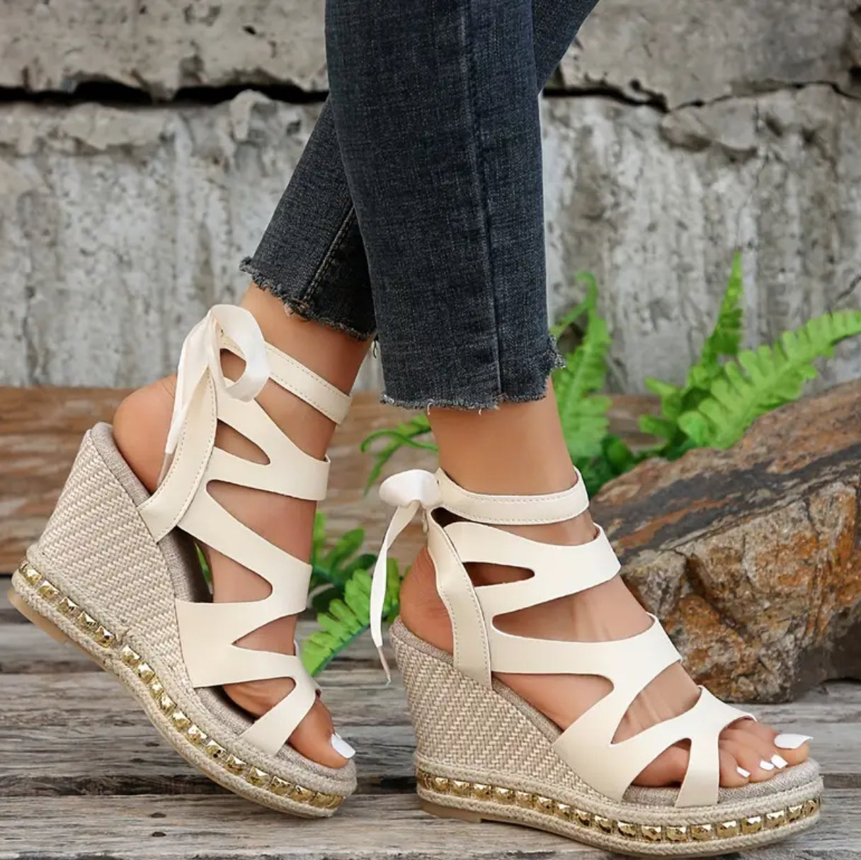 “Beige & Gold” Women’s, Stylish Lace Up Platform