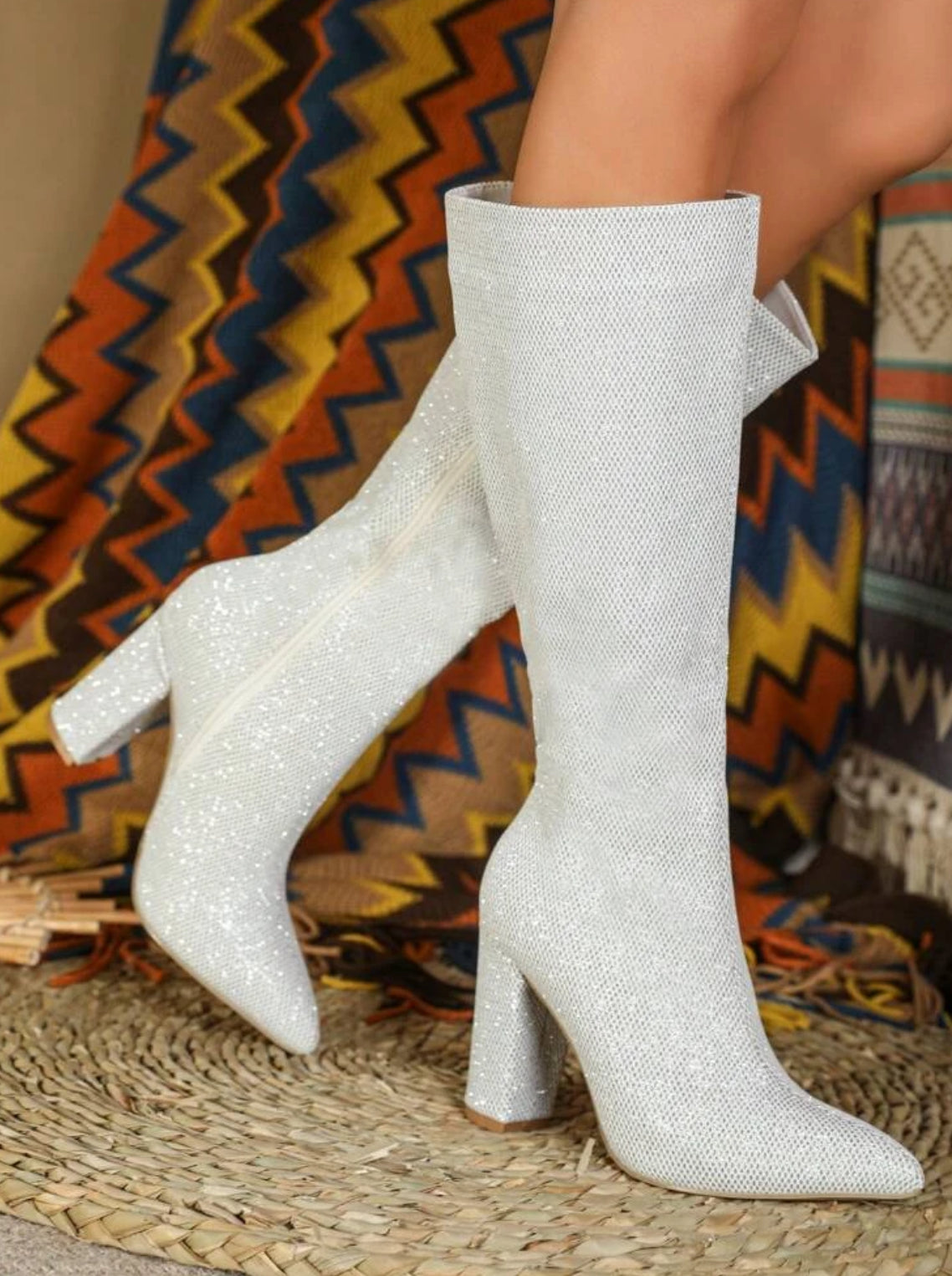 Glamorous Glitter Classic Boots, Zide Zip Chunky Heeled