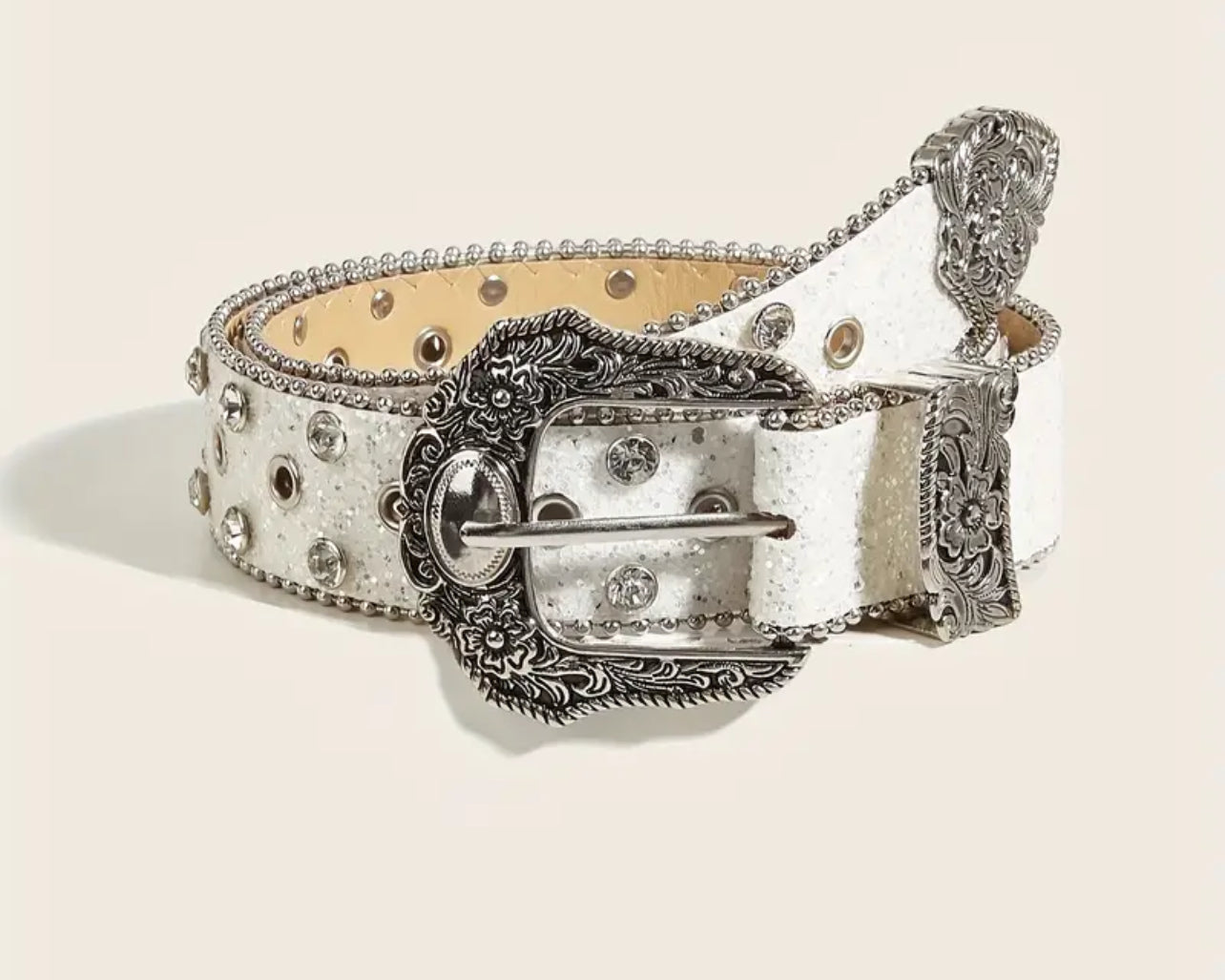 Vintage Western, Rhinestones & Glitter Buckle PU Leather Belt