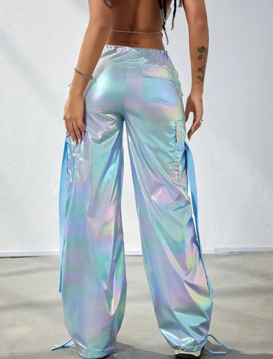 “Y2K Holographic” Flap Pocket, Tape Drawstring Waist, Wide Leg Parachute Cargo Streetwear