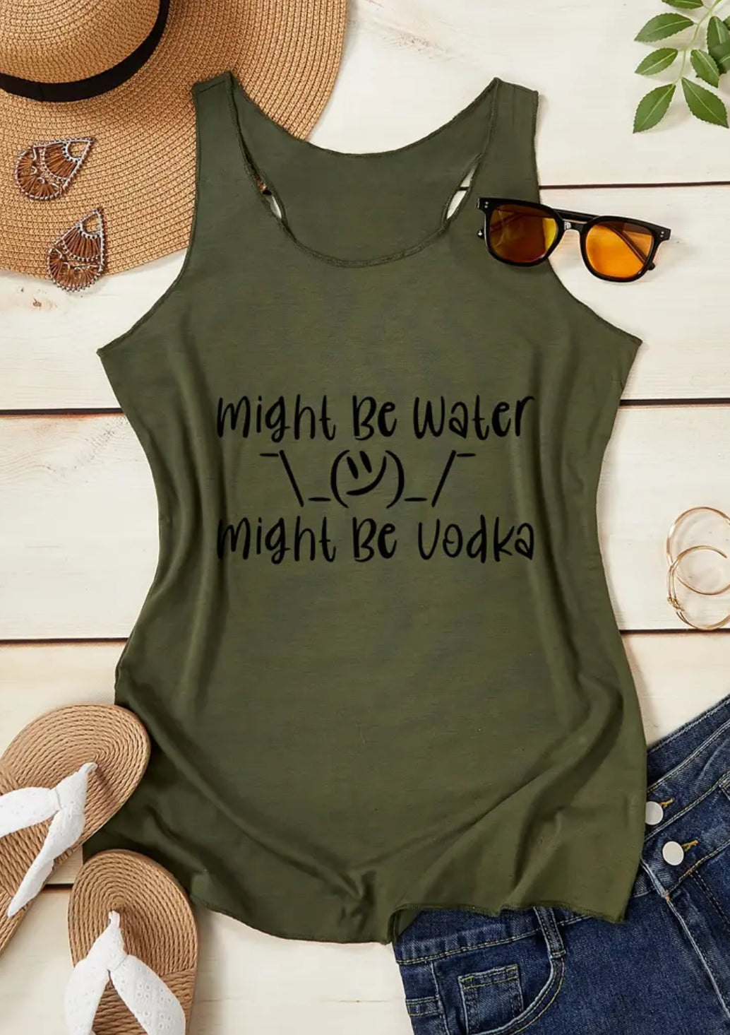 Camiseta deportiva sin mangas con cuello redondo y espalda cruzada para actividades al aire libre “Might Be Vodka”