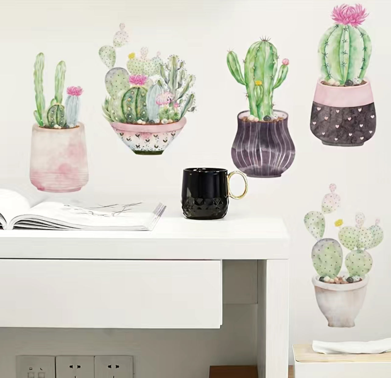 1pc Creative Wall Sticker, Watercolor Succulent Potted Pattern, Self-Adhesive Wall Stickers