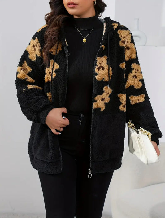 Plus Size Casual, Posh 💋 Mommies Collection, Women's Plus Bear Print Teddy Fleece Zipper Hooded Drawstring Long Sleeve Loose Fit Coat