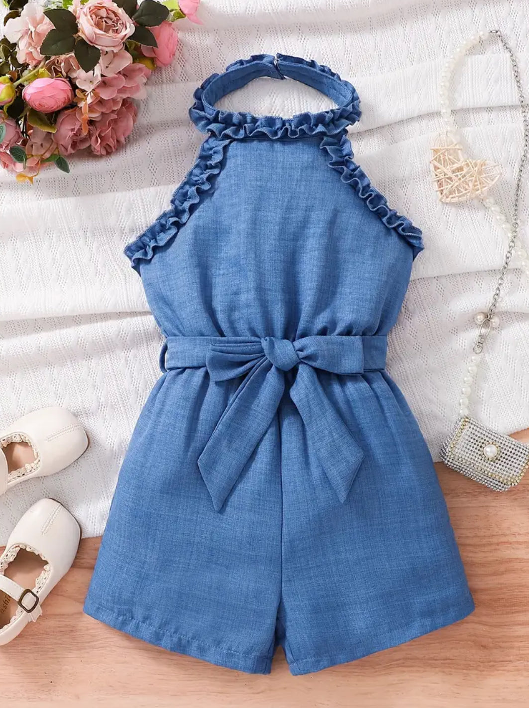 Girls “Sky” Jumpsuit, Strapless Woven Fabric, Slingback Top