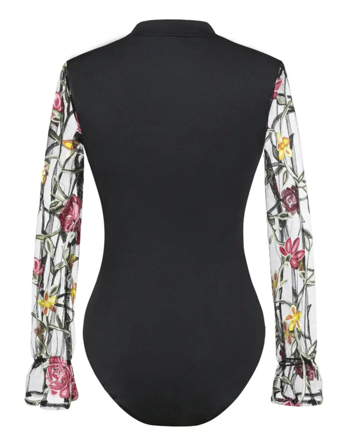 Chic Floral Embroidered Mock Neck Bodysuit- Sheer Long Sleeve