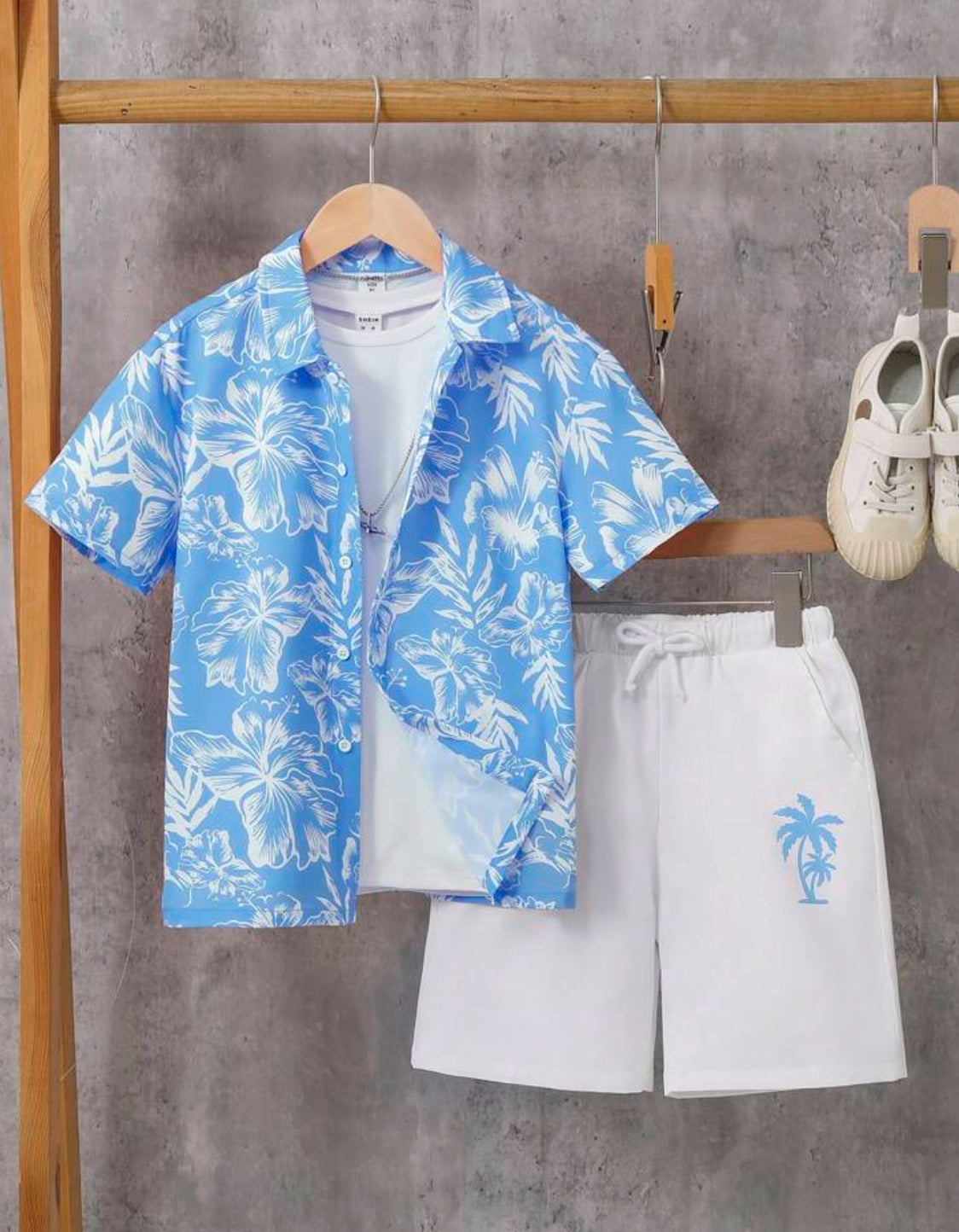 Tween Boy's Comfortable Casual Plant Printed Short Sleeve Shirt And Shorts