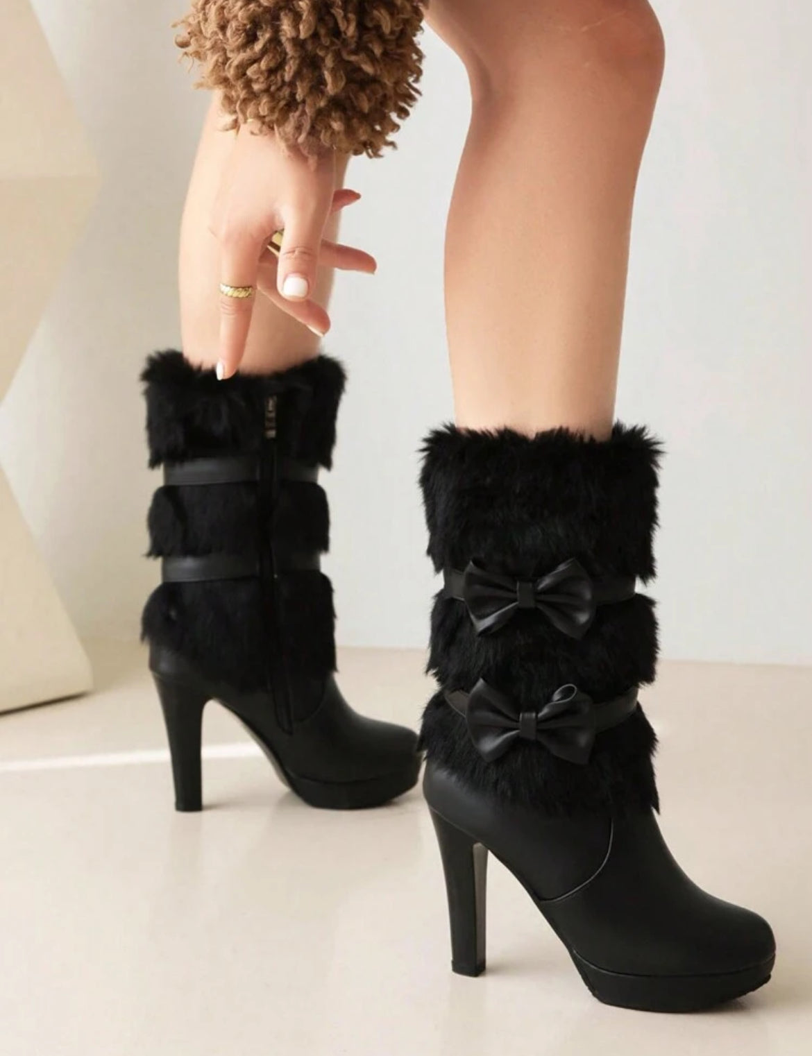 “Chic Bows” Side Zipper Elegant Boots, Mid-Calf, Pointed Toe, Slim Heels