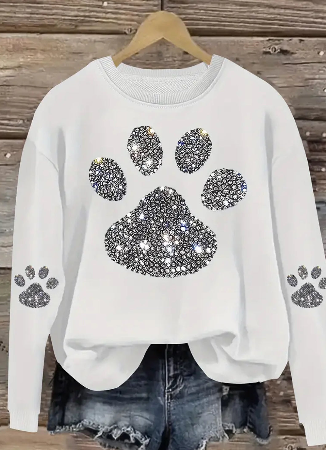 0XL-14XL, Posh Plus 💋  Rhinestone Paw Print Sweatshirt Women - Crew Neck, Casual Pullover with Slight Stretch