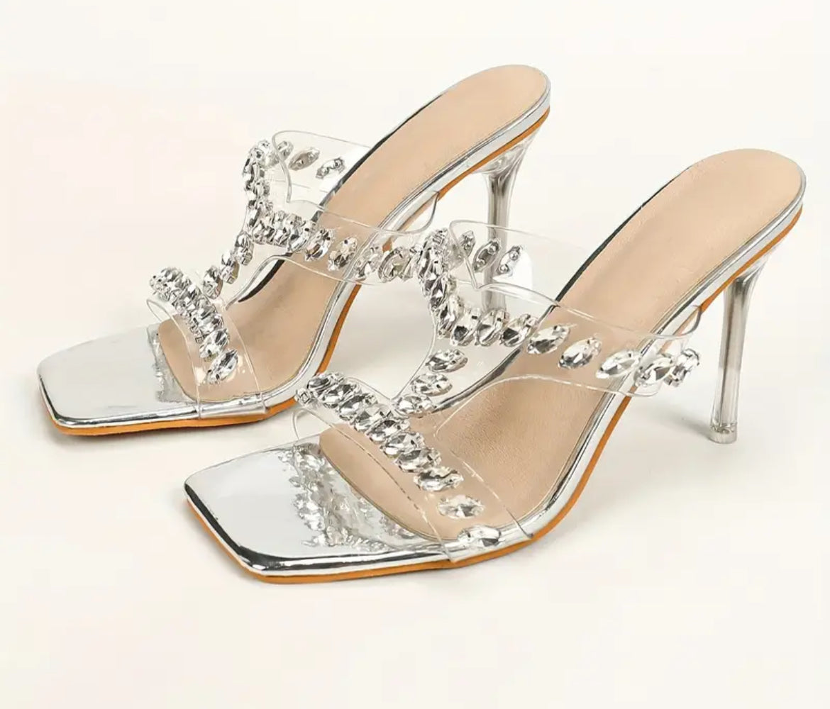 “Fashion Rhinestones” Square Toe Dress Pumps, Stylish Slip On Stiletto Heels