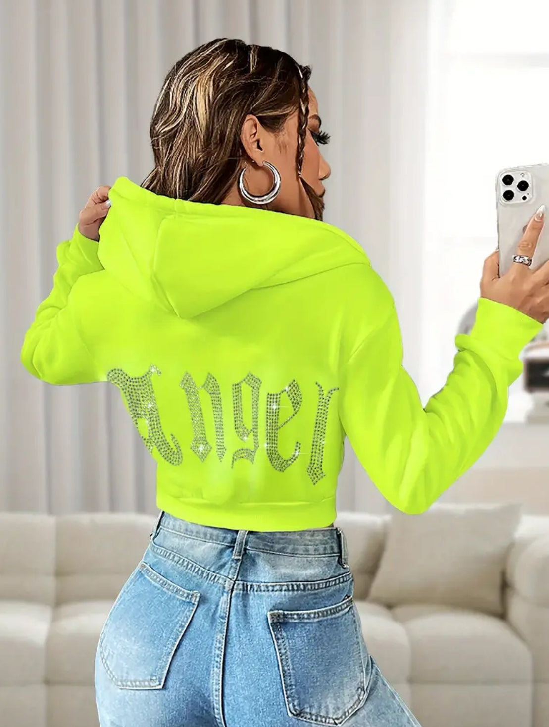 “Angel Neon U” Neon Green Casual Drop Shoulder Long Sleeve Hoodies Sweatshirt, Zipper Front