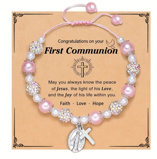 1pc White/ Pink Crystal Beads, Adjustable Hand String Bracelet, First Communion Gift Card, Youth