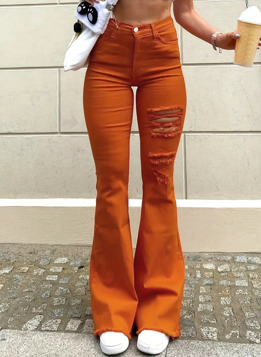 Retro Distressed Details, Orange, Vintage Inspired, High-Waist Ripped Flare Jeans