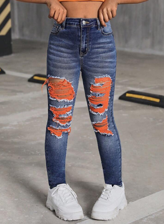 Distressed Ripped Denim Skinny Jeans With Slanted Pocket, Neon Orange, Tween