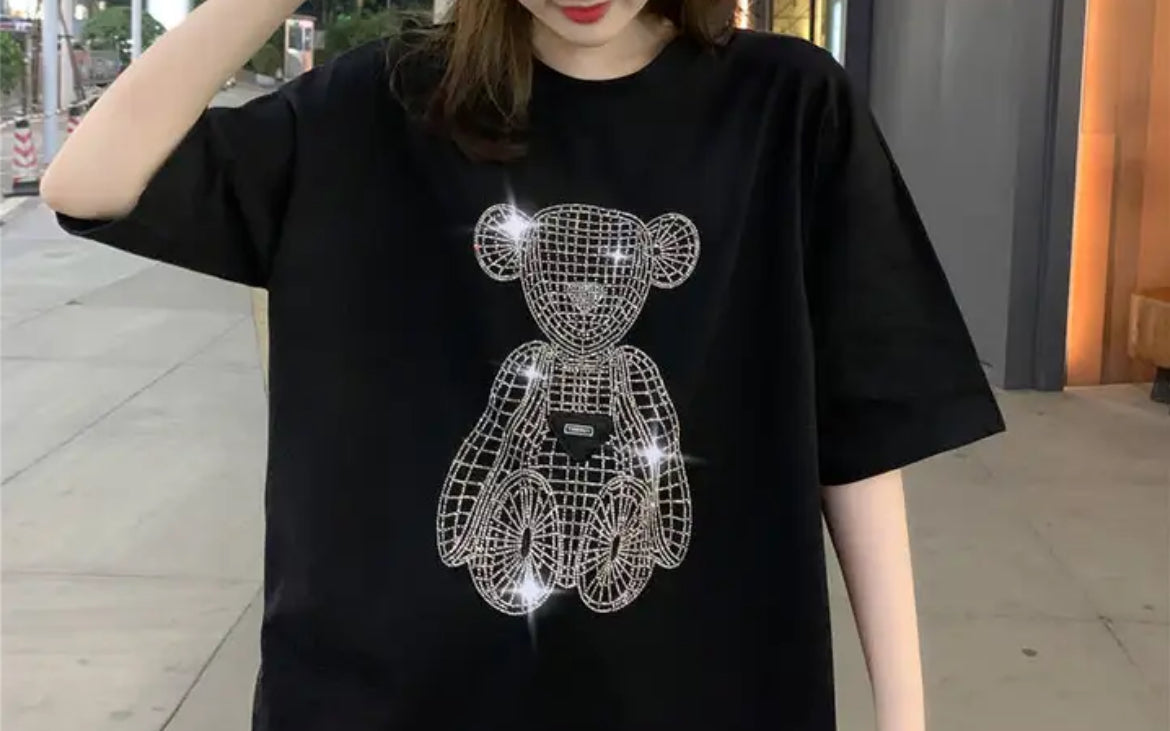 “Modish Bear” Rhinestone Fashion, Casual Loose Fit