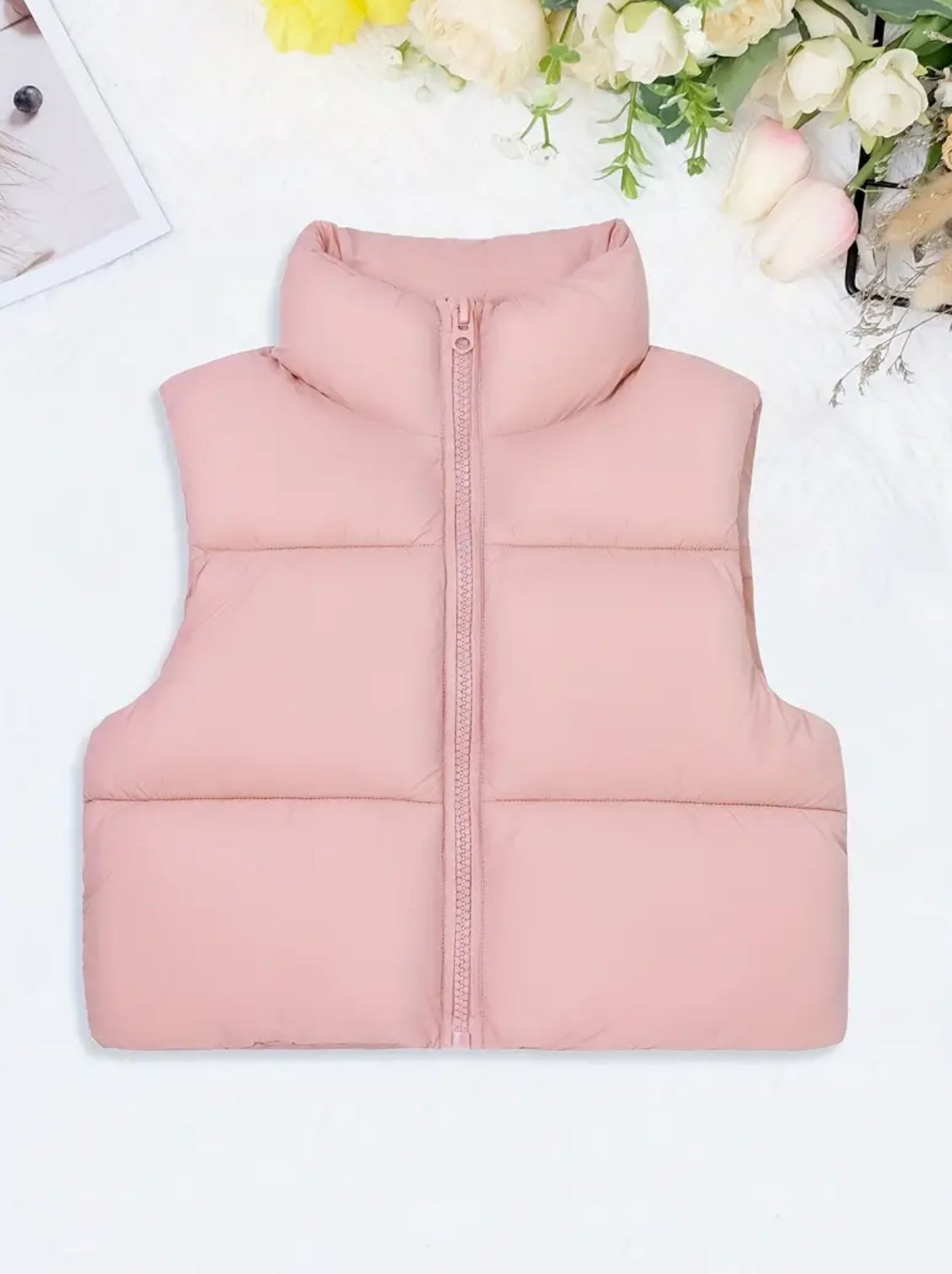 Sleeveless Puffer Jacket, Solid Colors, Zip Up Stand Collar