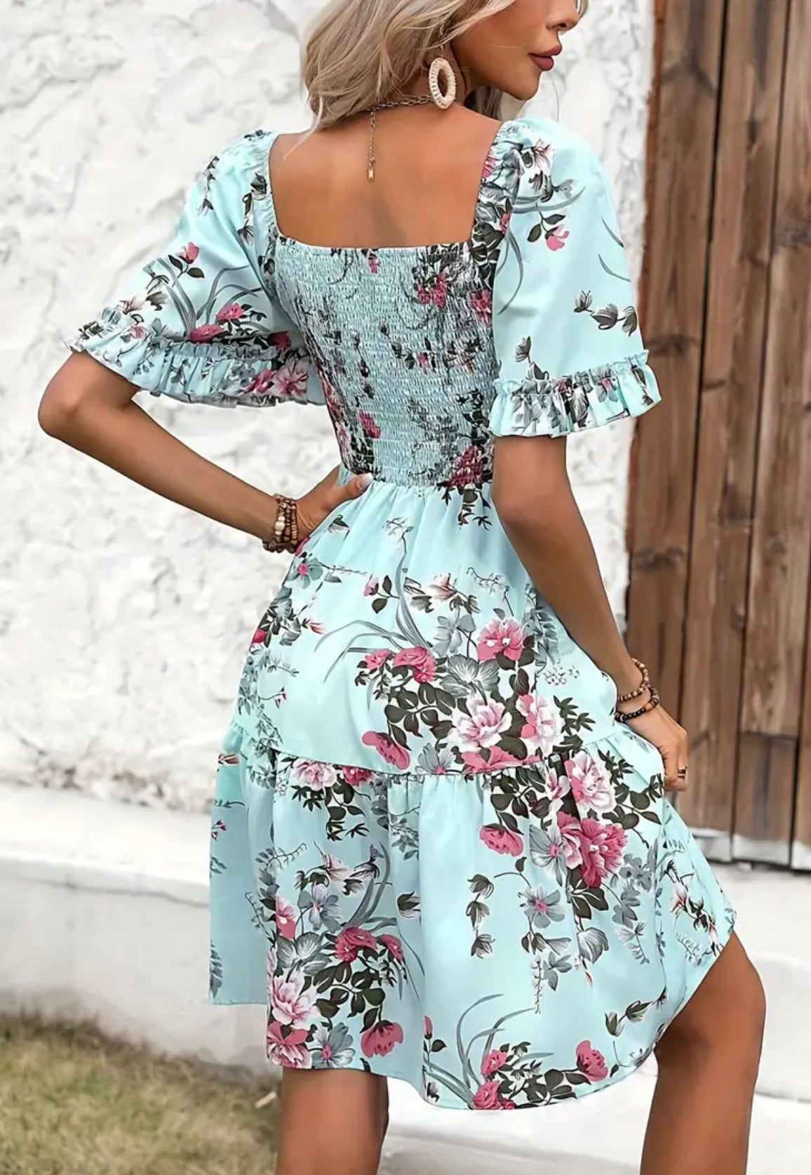 “Bouquets” Floral Print Dress, Ruffle Sleeve