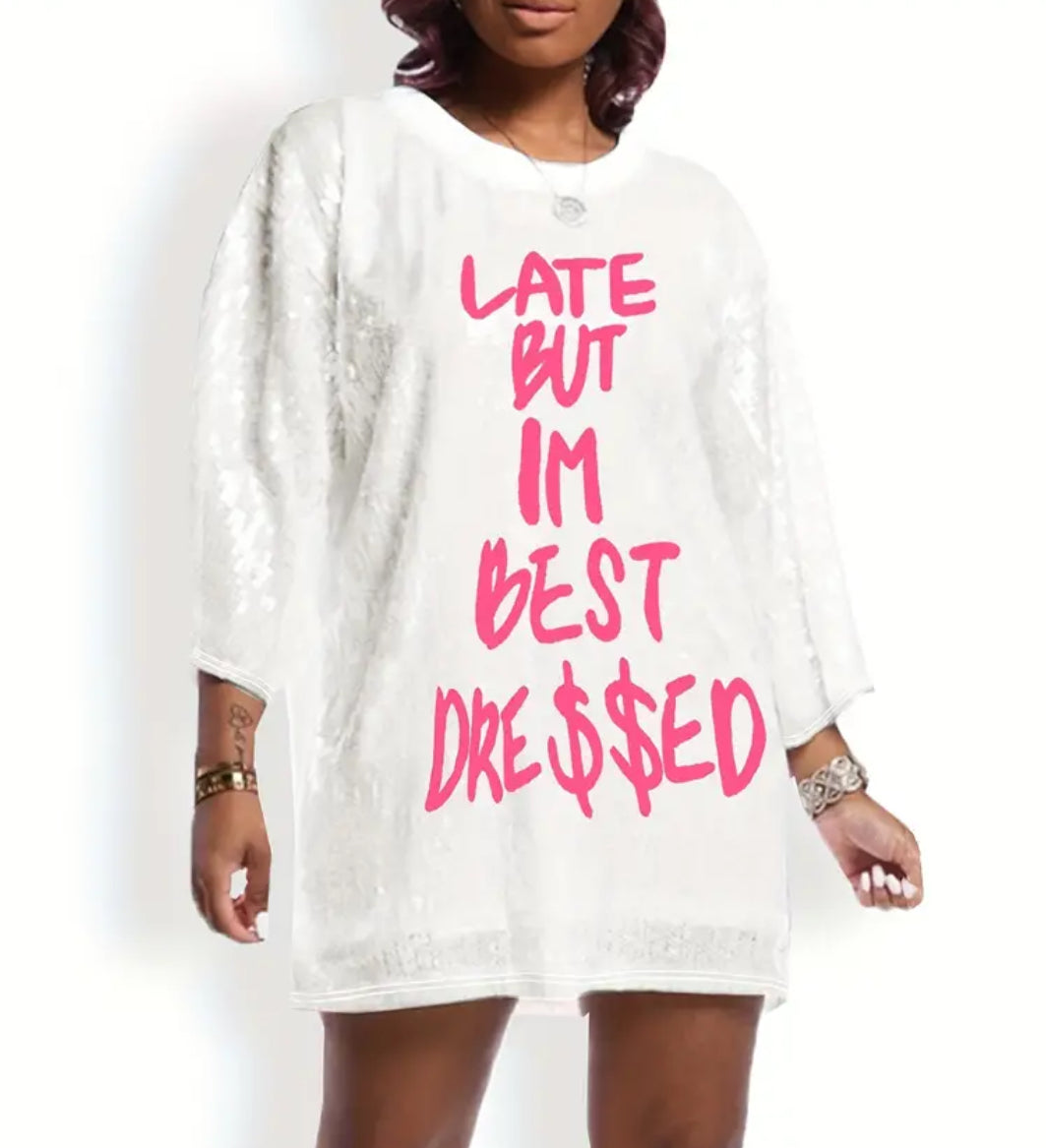 “Best Dressed” Sequined Casual Crew Neck, Long Sleeve Dress, Women's Plus Size Clothing