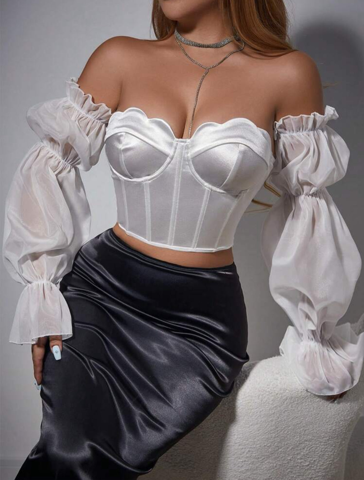 ‘Satin Dream’ Off-Shoulder Bell Sleeve Top Corset