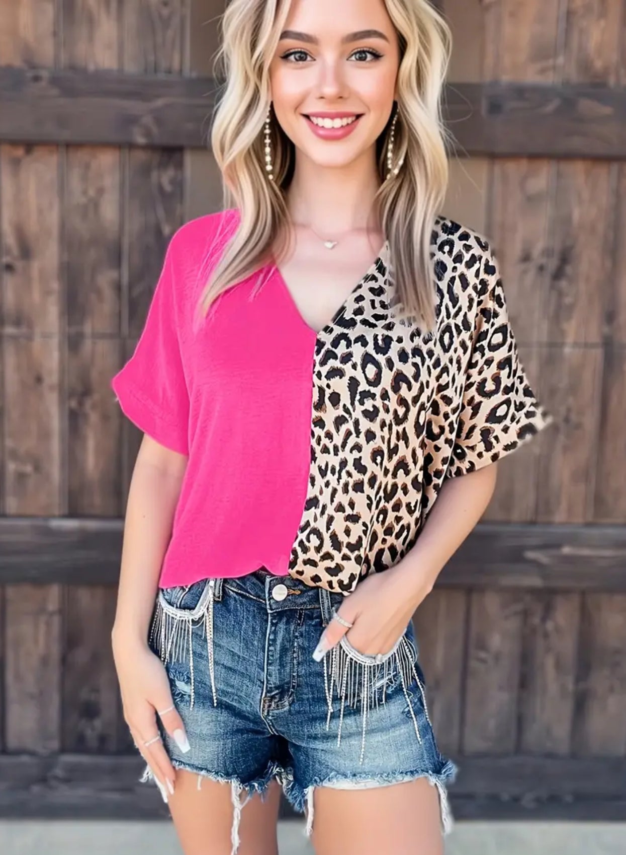 Rose Red Leopard Print Splicing T-Casual V Neck Short Sleeve Blouse