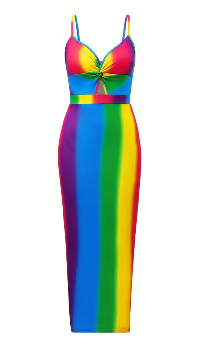 Flirty Rainbow Striped Twist Cami Dress -Adjustable Spaghetti Straps