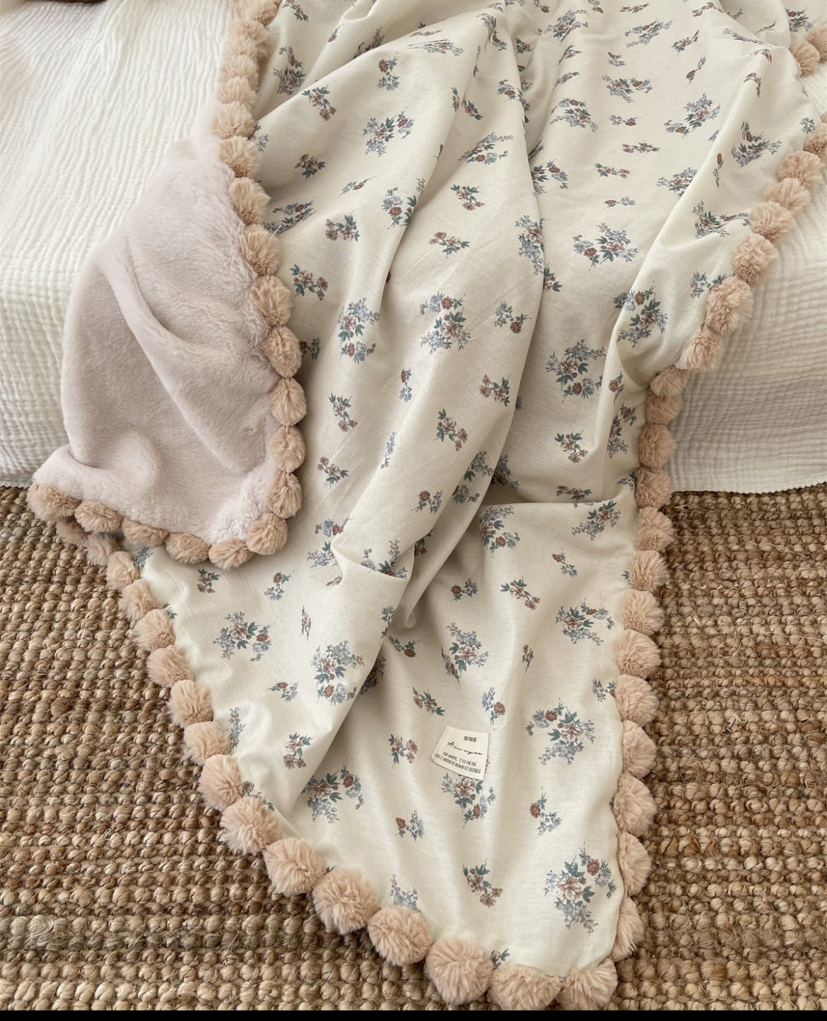 Warm Winter Baby Blanket, Pompom Blush and Blooms, Minky Quilt Bedding, 35*51 inches