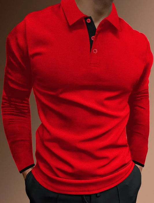 Men Contrast Trim | Long Sleeve Half Button Collar Casual Polo Shirt