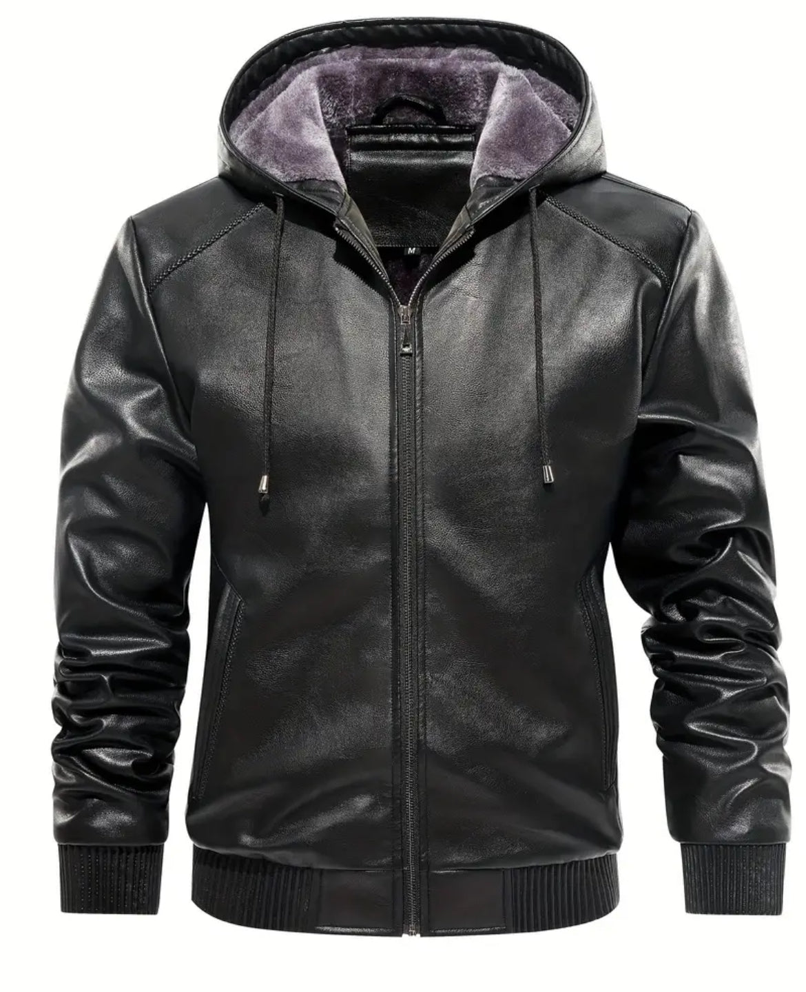 Men's Solid Color Faux Leather Hooded, Windproof Waterproof Trendy Thick Jacket, Sugar 🎩 Daddy Collection