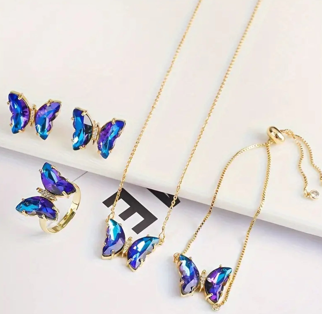 5pcs “Rhinestone Butterfly” Pendant Earrings + Necklace + Bracelet + Ring