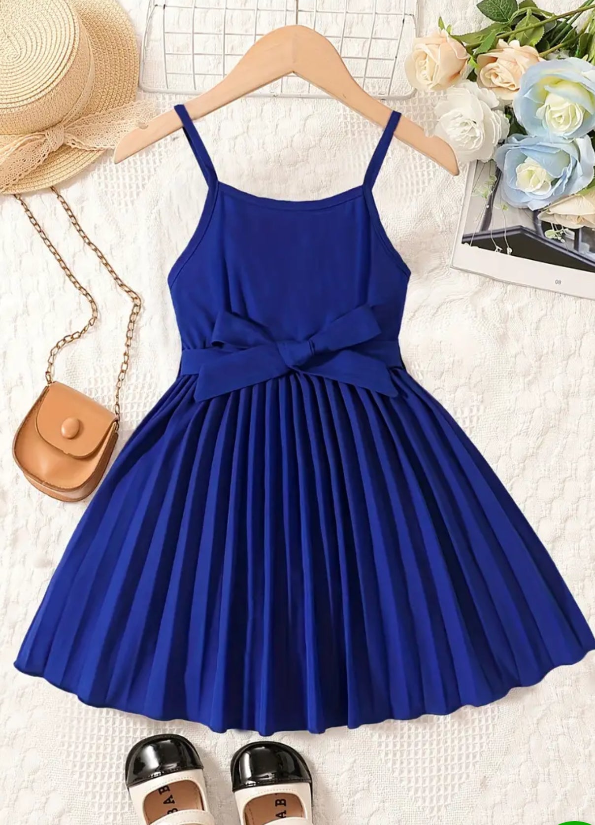 Girls, Vintage Pleated Hem Bow Belted Cami Dress