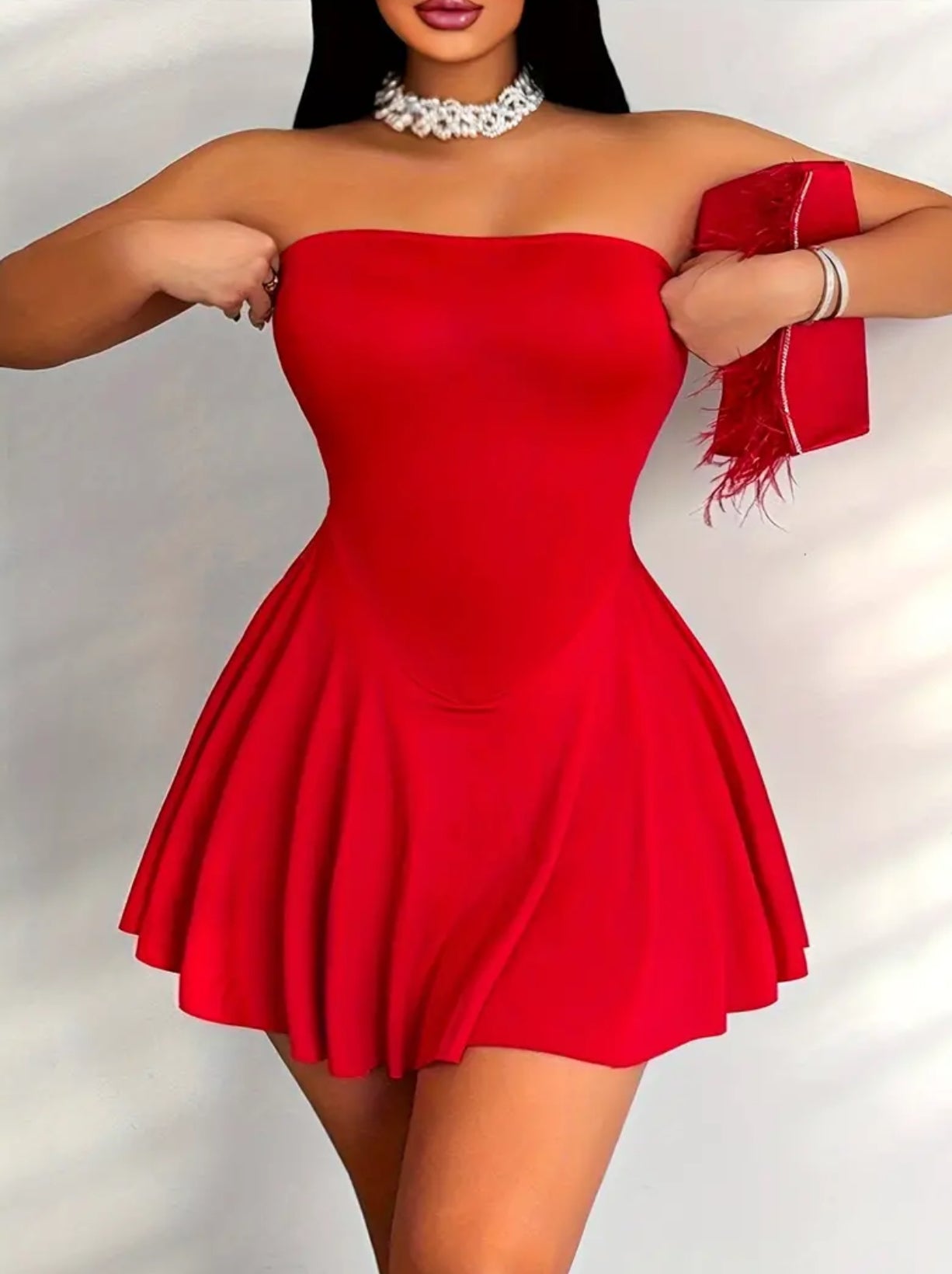 “Flirty” Backless Bandeau Mini Dress - High Elasticity, Sleeveless, Flared Hem, Fit and Flare Silhouette