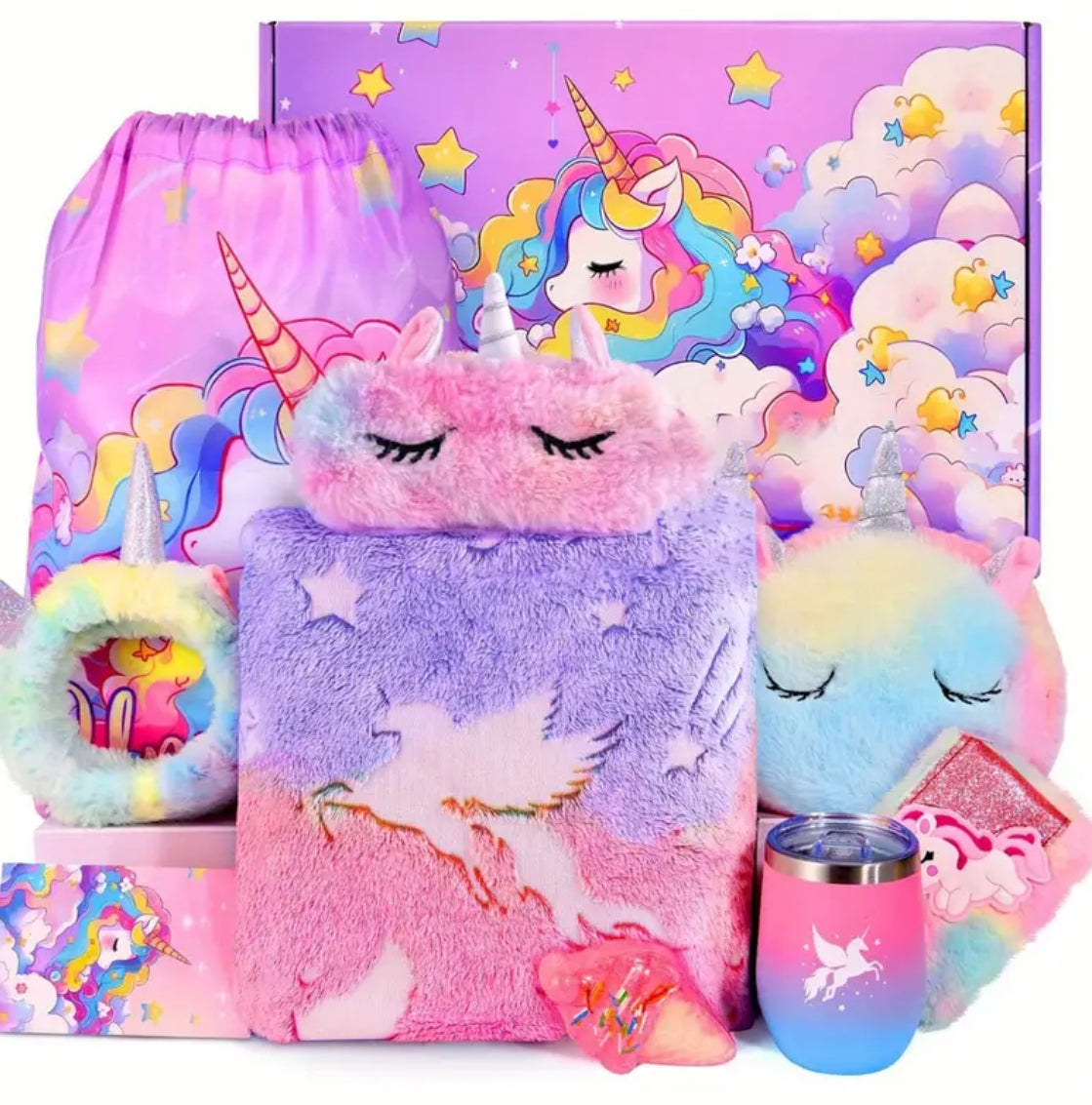 “Unicorn Life 🦄” Gift  Box For Girls, Glow in The Dark Blanket, Eyemask, Tumbler, Drawstring Bag, Purse, Diary, Headband and more