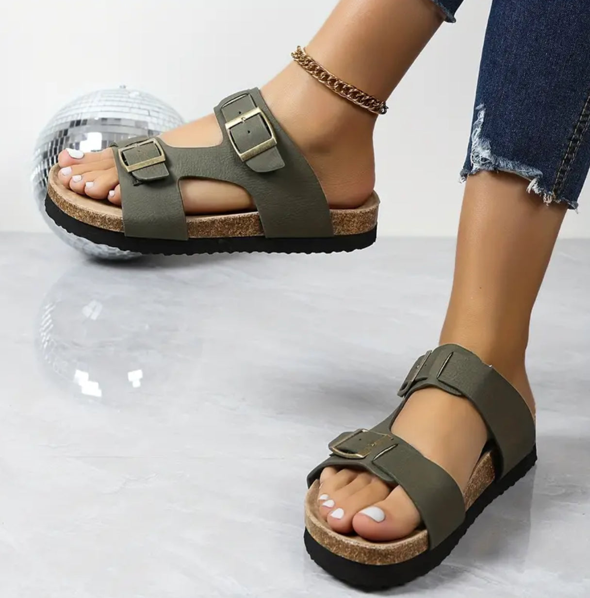 Aceitunas, Casual para mujer, Dos hebillas, Chanclas de piel, Suela de madera