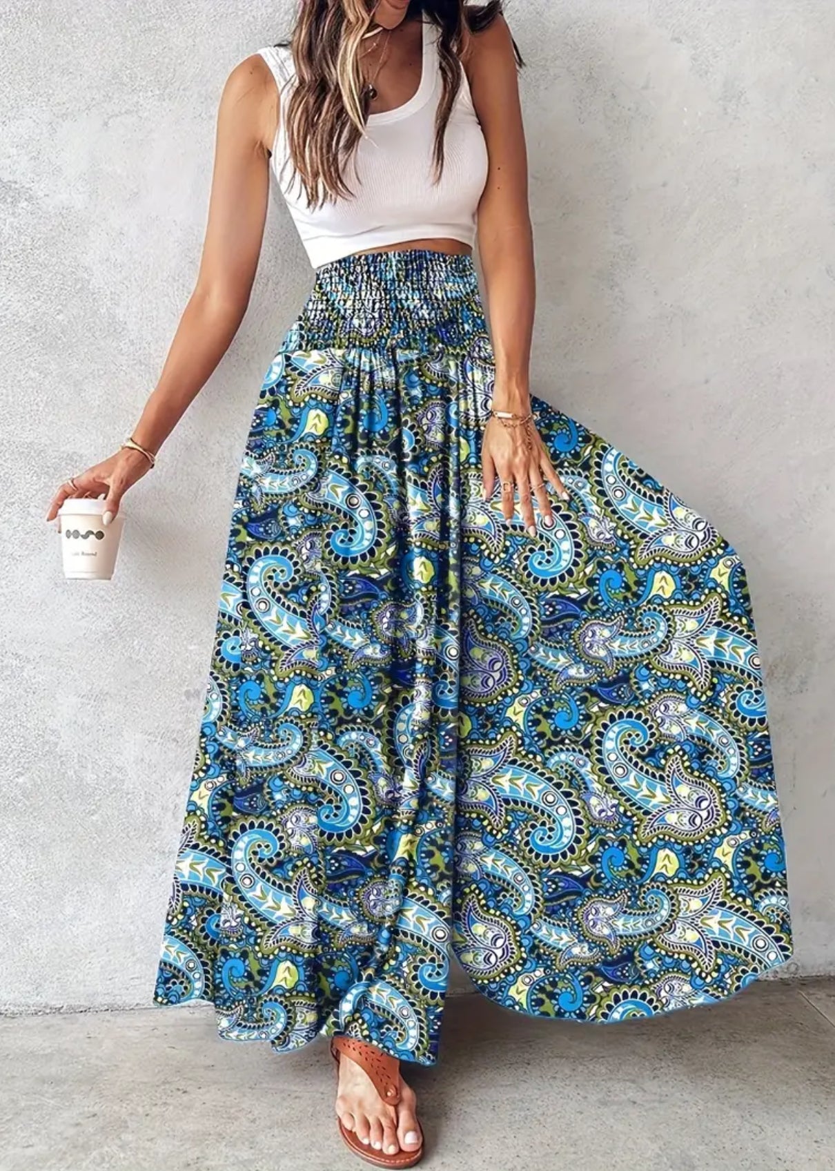 “Boho Floral” Shirred Waist, Floor Length, Wide Leg Pants 🔹