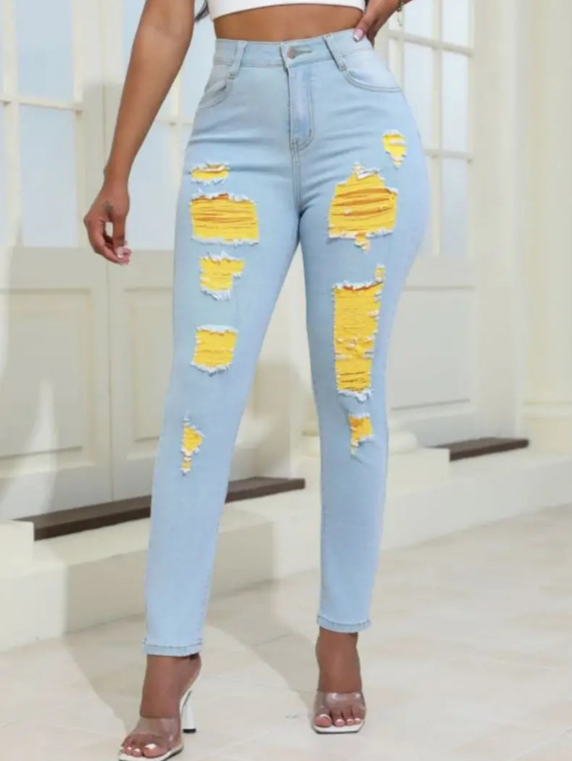 Yellow Distressed, Ripped Skinny, Waist Stretch, Denim Jeans