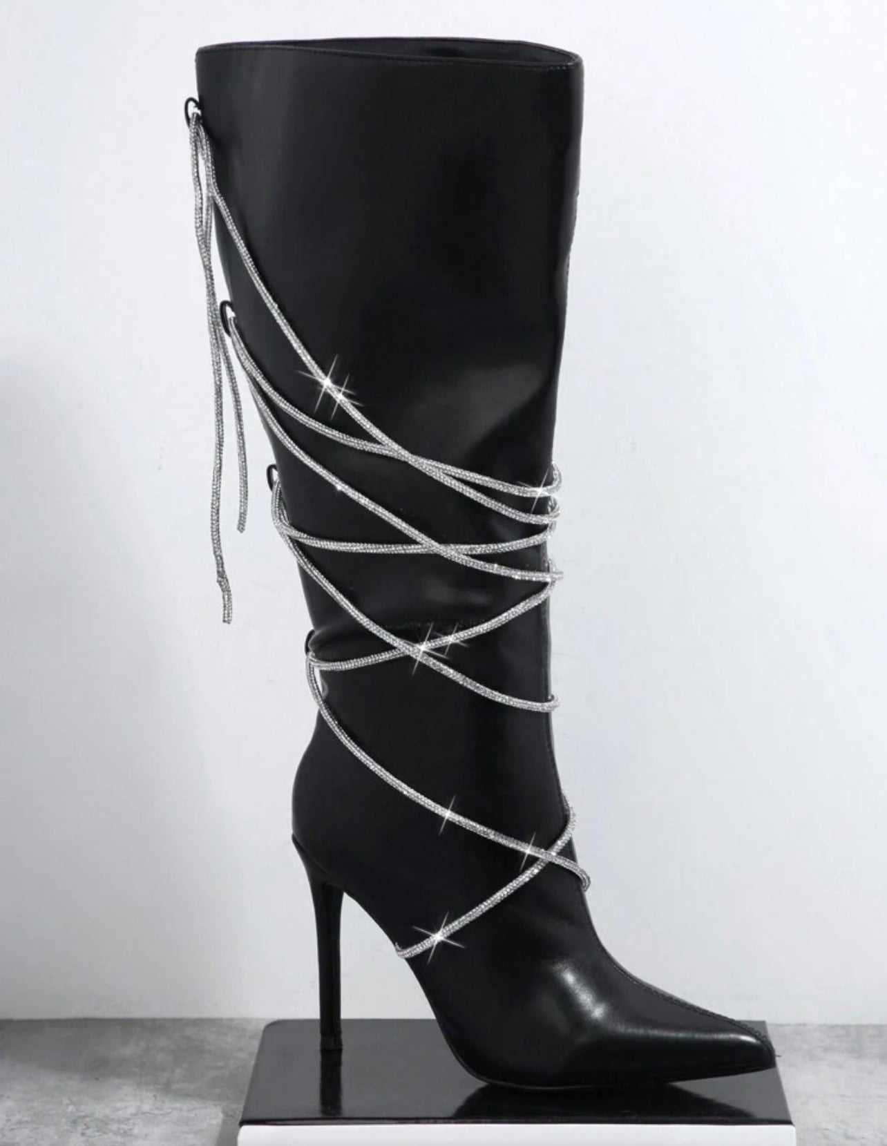 “Rhinestone Lace Up” Stiletto Heeled Boots, Leopard or Black