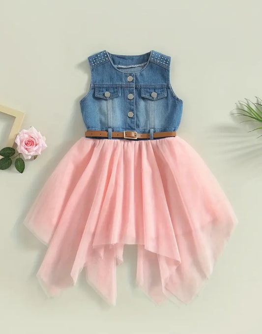 Toddler Girls, Patchwork Fashion Dress, Mesh Denim