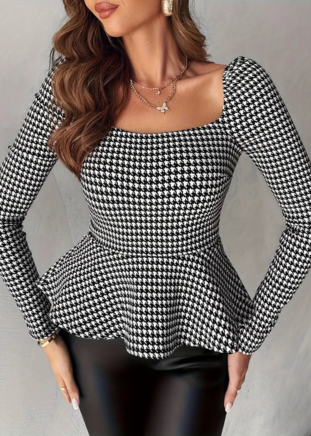 Houndstooth Pattern Square Neck , Elegant Long Sleeve Ruffle Hem Top