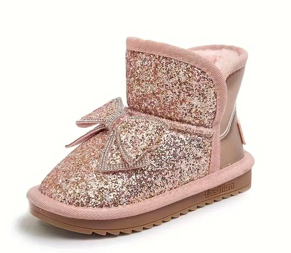 Girls 🌷 Boots with Sparkling Rhinestones - Warm Fleece Lining, Non-Slip Rubber Sole, Easy Slip-On Design