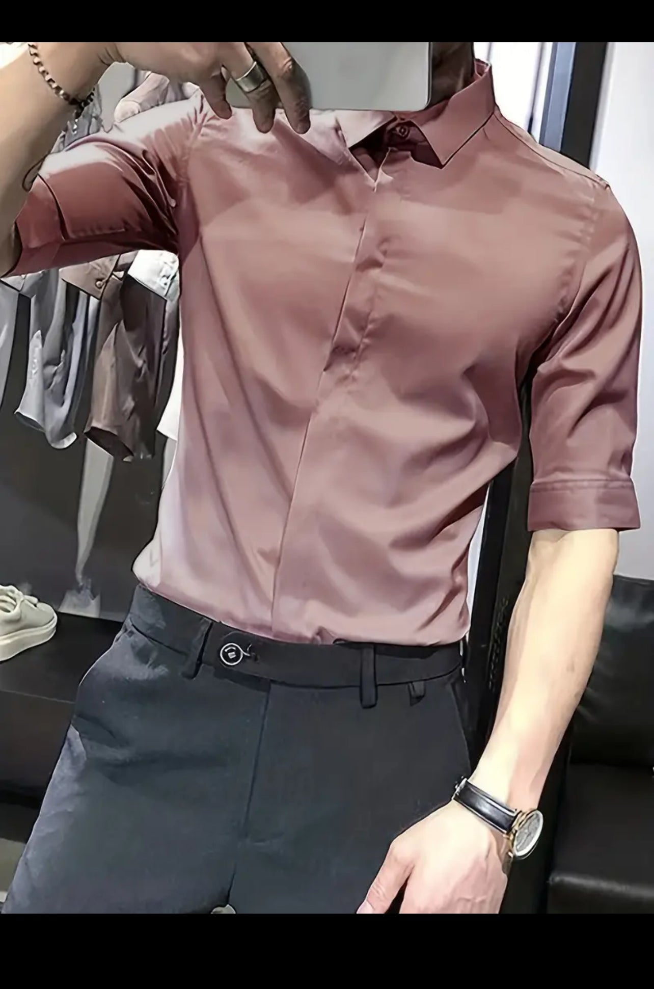 Men's Trendy Solid Dress Shirt, Classic Design Lapel Button Up Short Sleeve Top For Outdoor