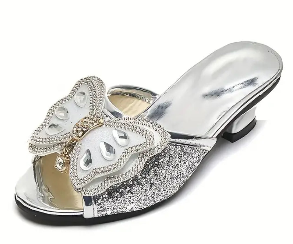 “Butterfly 🦋 Kisses” Girls High Heel Shoes - Shiny Rhinestone, Slip-On, Comfortable, Trendy, Cute, Lightweight Fashionable Design