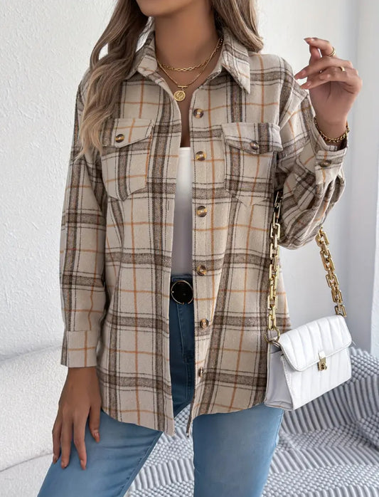 “Chic Plaid” Button-Up Jacket for Women - Casual Style, Long Sleeve