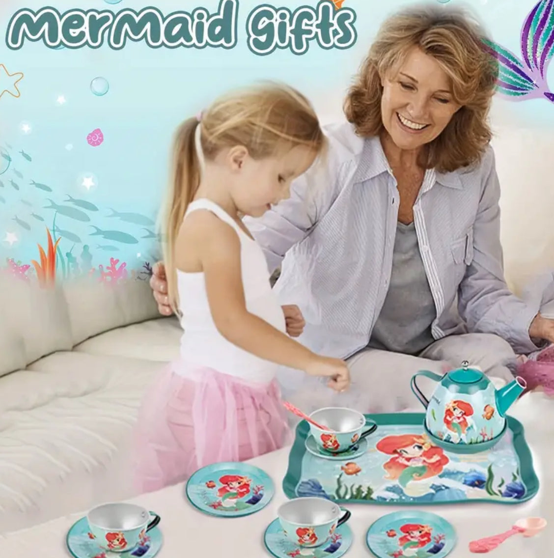 19-Piece Mermaid Tea Party Playset, Ages 3-6, Includes Pretend Play Tin Tea Set & Carrying Case 🧜🏼‍♀️