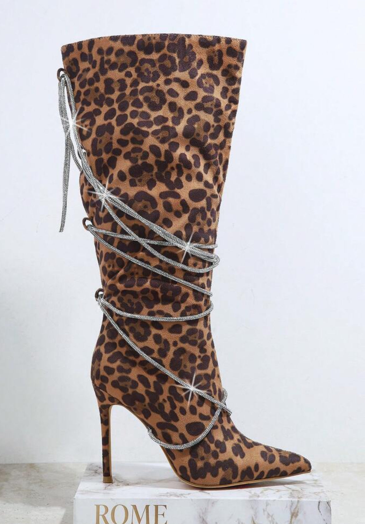 “Rhinestone Lace Up” Stiletto Heeled Boots, Leopard or Black